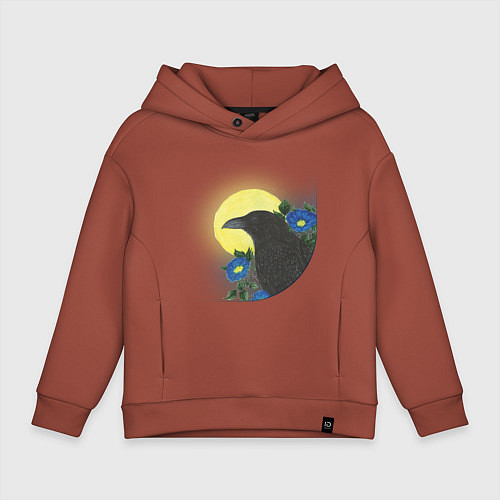 Детское худи оверсайз Чёрный ворон на ветке под луной / Кирпичный – фото 1