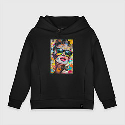 Толстовка оверсайз детская Лицо девушки из обрезков газет и журналов, цвет: черный