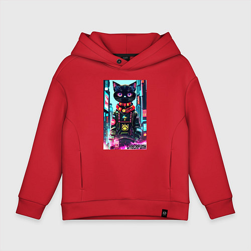 Детское худи оверсайз Котёнок в мегаполисе - киберпанк / Красный – фото 1