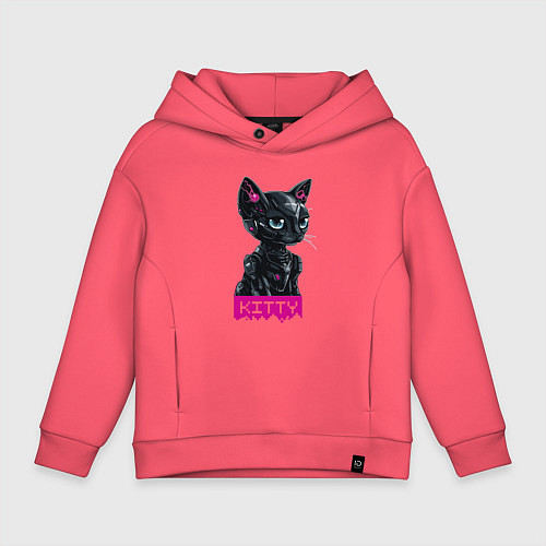 Детское худи оверсайз Киберкошка чёрная - cyber kitty black / Коралловый – фото 1