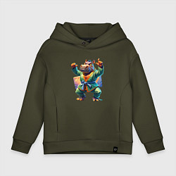 Толстовка оверсайз детская Бегемот в кимоно, цвет: хаки