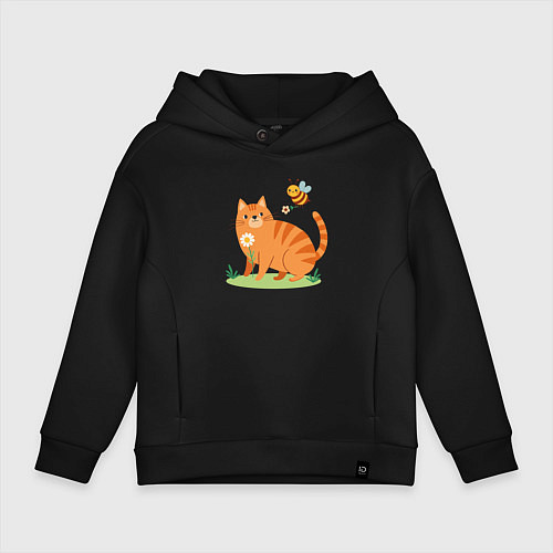 Детское худи оверсайз Рыжий кот и пчела / Черный – фото 1