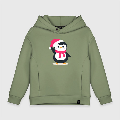 Детское худи оверсайз Новогодний пингвин санта в костюме / Авокадо – фото 1