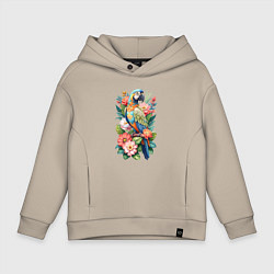 Толстовка оверсайз детская Голубой попугай Ара среди цветов, цвет: миндальный