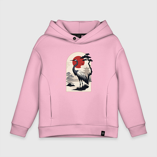Детское худи оверсайз Журавль и солнце в японском стиле / Светло-розовый – фото 1