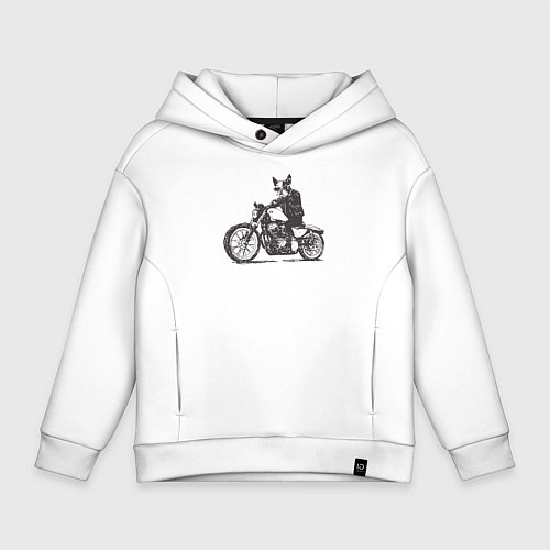 Детское худи оверсайз Бостон-Терьер Байкер на Мотоцикле Чоппере / Белый – фото 1