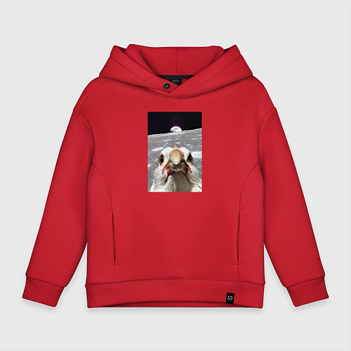 Детское худи оверсайз Курица селфи на луне / Красный – фото 1