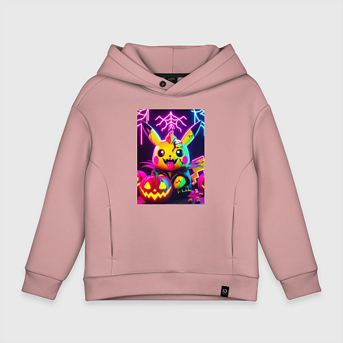 Детское худи оверсайз Зомби Пикачу с тыквой - неоновое свечение / Пыльно-розовый – фото 1