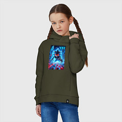 Толстовка оверсайз детская Hedgehog in neon metropolis - ai art, цвет: хаки — фото 2