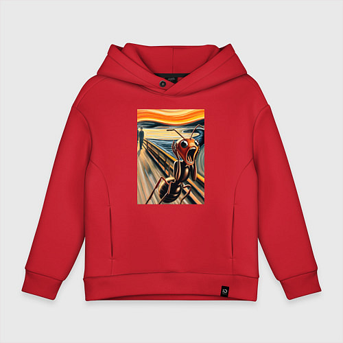 Детское худи оверсайз Муравей кричит на картине Эдварда Мунка - мем иску / Красный – фото 1