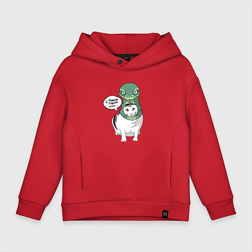 Детское худи оверсайз С Новым годом - кот змея / Красный – фото 1