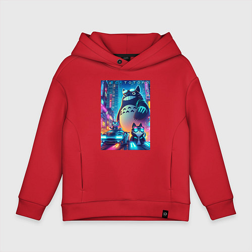 Детское худи оверсайз Totoro and cats - cyberpunk / Красный – фото 1