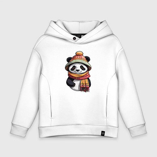 Детское худи оверсайз Панда в шапке и шарфе / Белый – фото 1