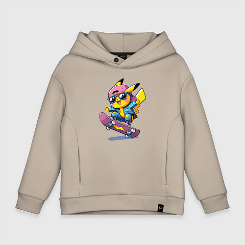 Детское худи оверсайз Пикачу крутой скейтбордист - нейроарт / Миндальный – фото 1