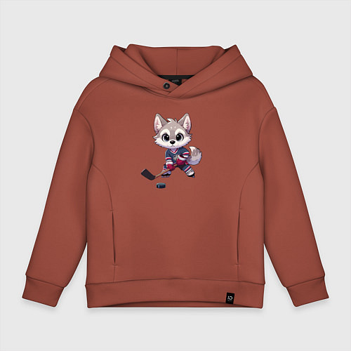 Детское худи оверсайз Волчонок хоккейный форвард - нейроарт / Кирпичный – фото 1
