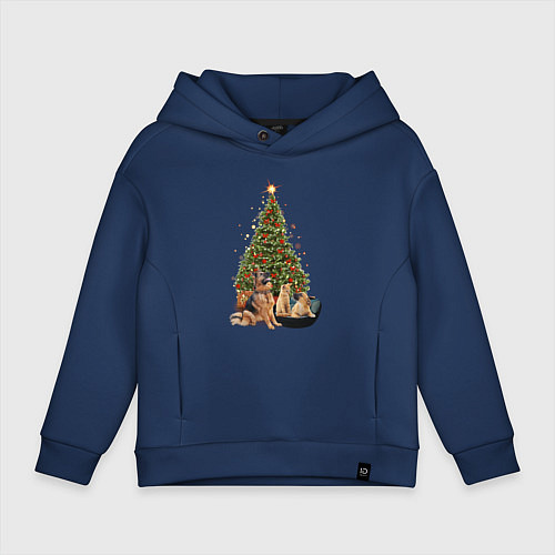 Детское худи оверсайз Домашние животные рядом с новогодней елкой / Тёмно-синий – фото 1