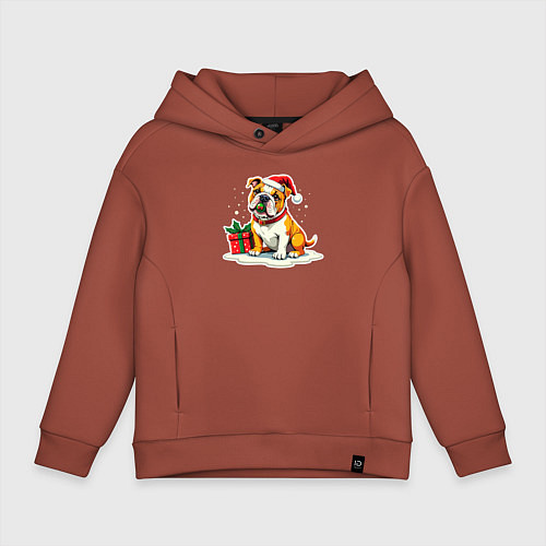 Детское худи оверсайз Новогодний бульдог с игрушкой / Кирпичный – фото 1