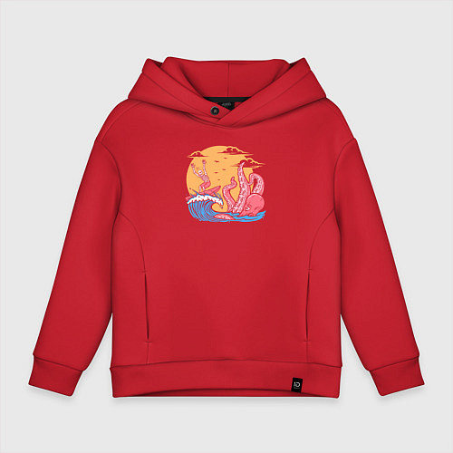 Детское худи оверсайз Осьминог и серфер / Красный – фото 1