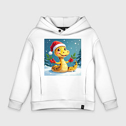 Толстовка оверсайз детская Символ 2025 нового года змея в шаке Санты, цвет: белый