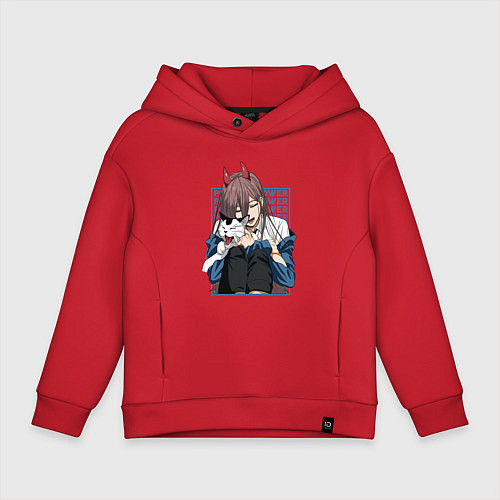 Детское худи оверсайз Человек-бензопила Пауэр и кошка / Красный – фото 1