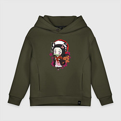 Толстовка оверсайз детская Клинок рассекающий демонов Незуко каваи, цвет: хаки