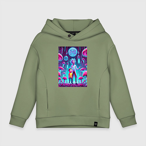 Детское худи оверсайз Rick and Morty among neon mushrooms - ai art fanta / Авокадо – фото 1