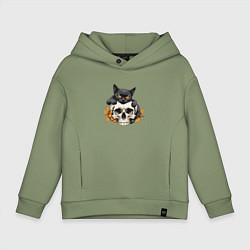 Толстовка оверсайз детская Кошка обнимает череп, цвет: авокадо