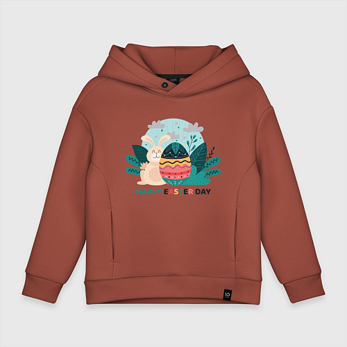 Детское худи оверсайз Пасхальный кролик с надписью / Кирпичный – фото 1