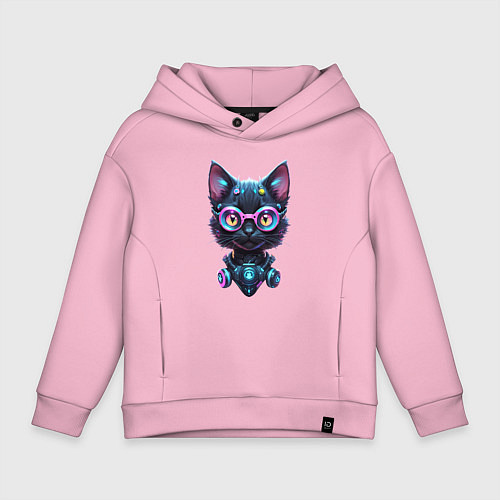 Детское худи оверсайз Прикольный котёнок - киберпанк / Светло-розовый – фото 1