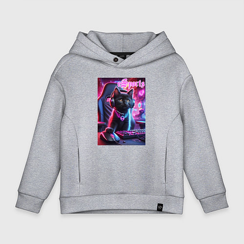 Детское худи оверсайз Чёрный котёнок - киберспорт / Меланж – фото 1