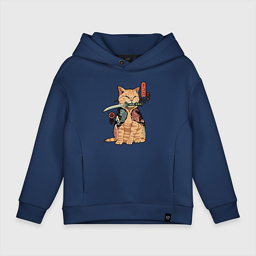 Детское худи оверсайз Кот самурай Якудза / Тёмно-синий – фото 1