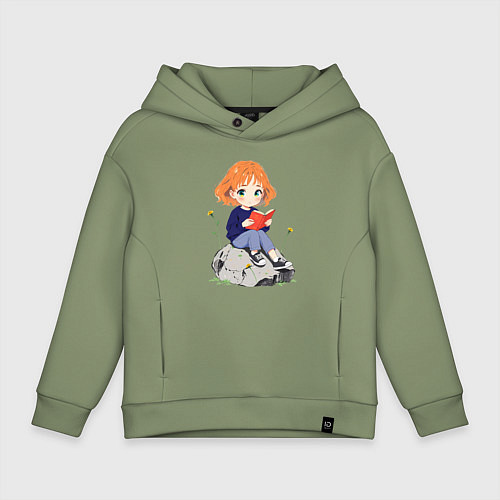 Детское худи оверсайз Рыжая девушка читает книгу / Авокадо – фото 1
