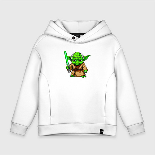 Детское худи оверсайз Маленький зеленый Йода с мечем / Белый – фото 1