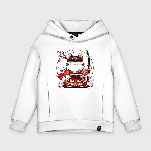 Детское худи оверсайз Кот самурай на фоне луны / Белый – фото 1