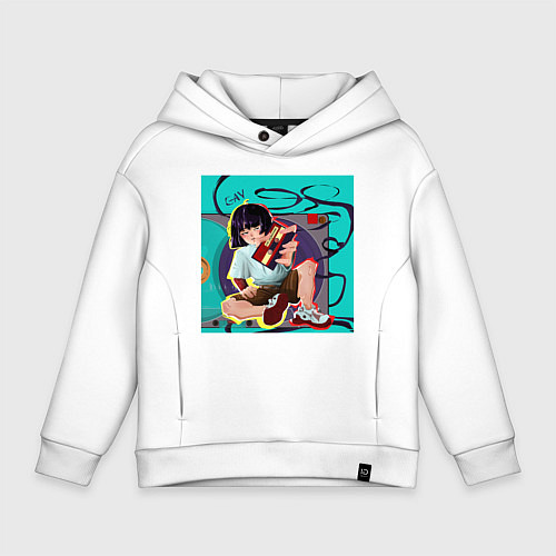 Детское худи оверсайз Мультяшная Хип-хоп девушка с касетой - ретро anime / Белый – фото 1