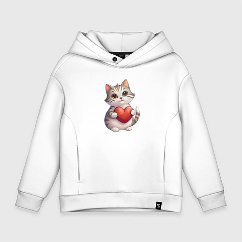 Детское худи оверсайз Серый кот держит сердце в лапах / Белый – фото 1
