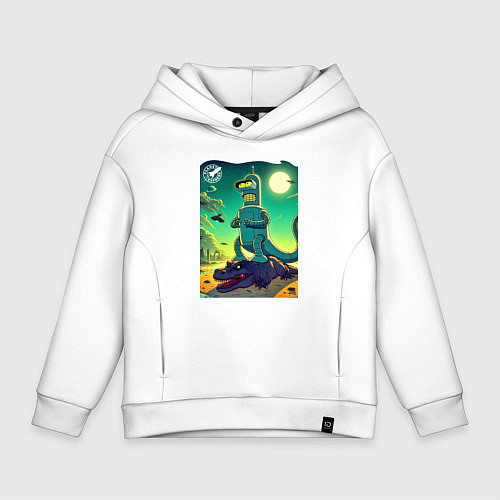 Детское худи оверсайз Бендер с хвостом стоит на крокодиле - прикол / Белый – фото 1