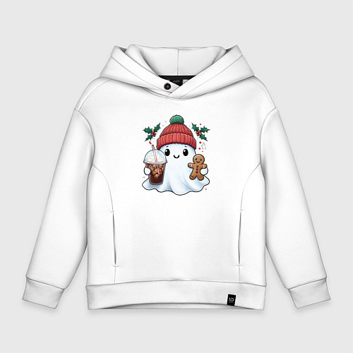 Детское худи оверсайз Милое новогоднее привидение с кофе и имбирным прян / Белый – фото 1