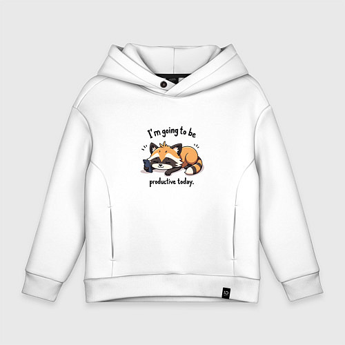 Детское худи оверсайз Продуктивный енот с телефоном / Белый – фото 1