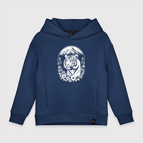 Детское худи оверсайз Тигр среди гор и цветов / Тёмно-синий – фото 1