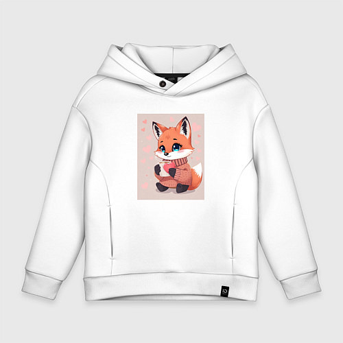 Детское худи оверсайз Лисичка в свитере: горячий напиток и розовые серде / Белый – фото 1
