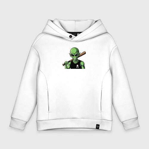 Детское худи оверсайз Зеленый пришелец с битой / Белый – фото 1