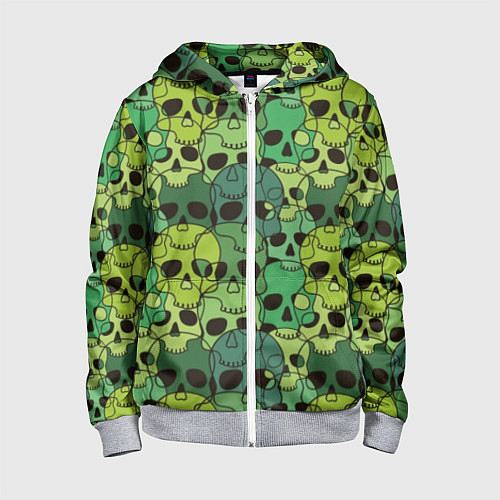 Детская толстовка на молнии Зеленые черепа - паттерн / 3D-Меланж – фото 1