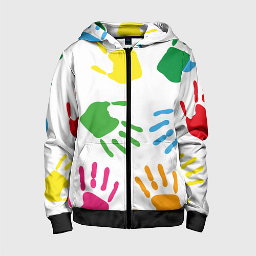 Детская толстовка на молнии Цветные ладошки - Детский узор / 3D-Черный – фото 1
