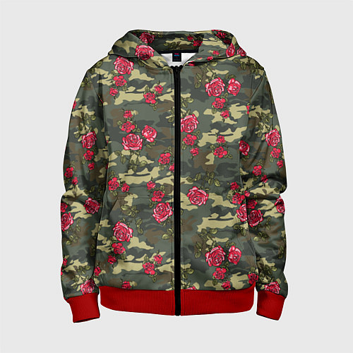 Детская толстовка на молнии Камуфляж и розы / 3D-Красный – фото 1