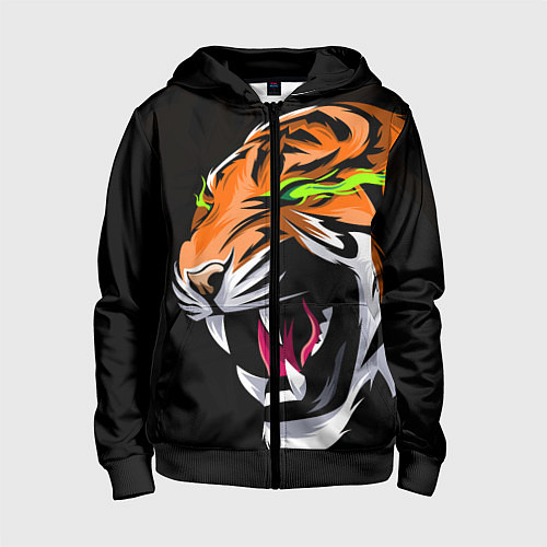 Детская толстовка на молнии Тигр, с зелеными глазами / 3D-Черный – фото 1