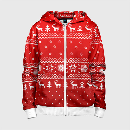 Детская толстовка на молнии Красный узор с оленями / 3D-Белый – фото 1