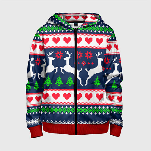 Детская толстовка на молнии Новогодние олени: узор / 3D-Красный – фото 1