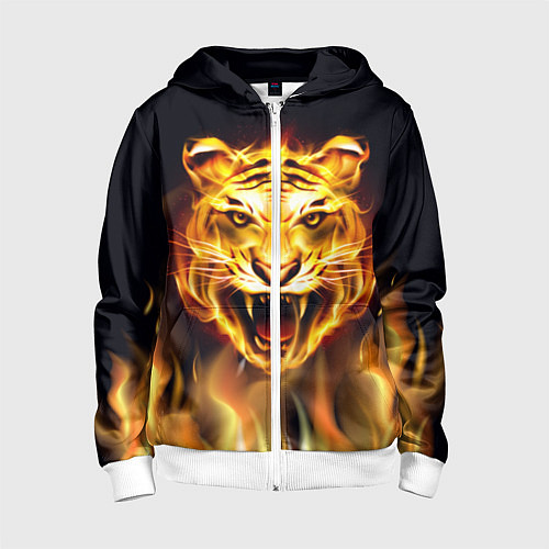 Детская толстовка на молнии Тигр В Пламени / 3D-Белый – фото 1