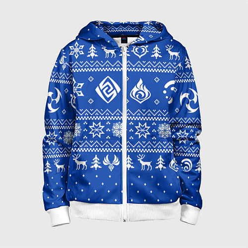 Детская толстовка на молнии НОВОГОДНИЙ СВИТЕР GENSHIN IMPACT СИНИЙ / 3D-Белый – фото 1